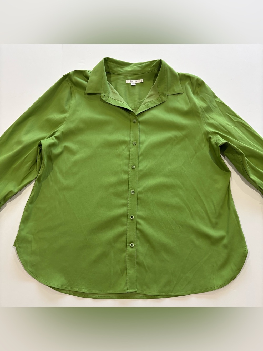 Chicos No Iron Button Front Shirt Womens 3 US 16 Green Stretch Long Sleeve